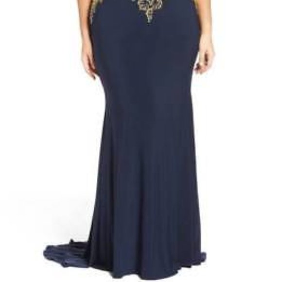 MAC DUGGAL EMBELLISHED JERSEY MERMAID MIDNIGHT NAVY GOWN DRSS sz 16W - Picture 6 of 8